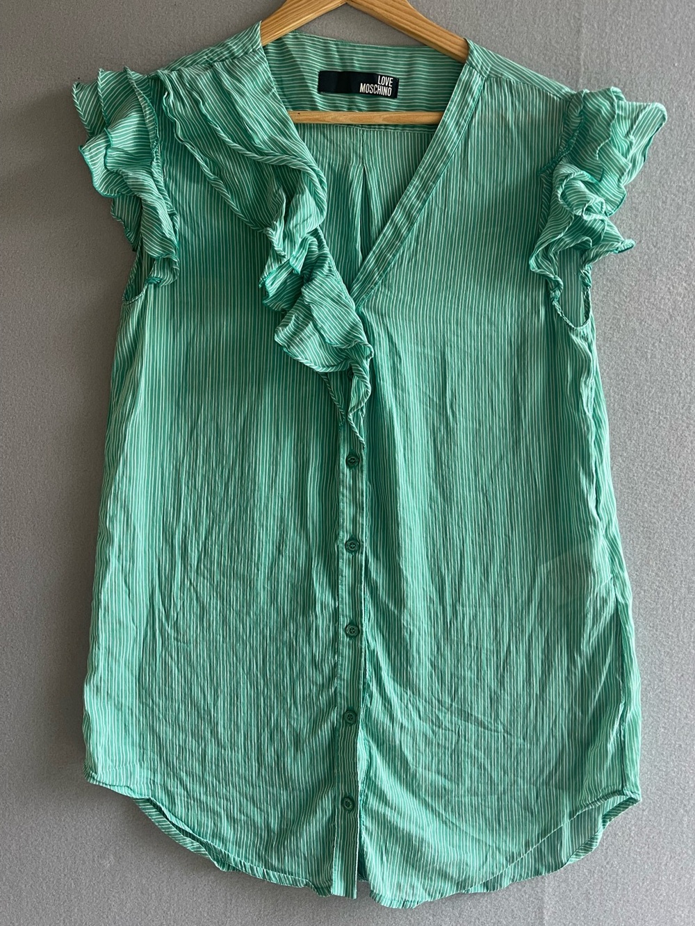 Love Moschino Cotton Silk Made In Italy Blouse Green Stripe Sheer Y2K Medium